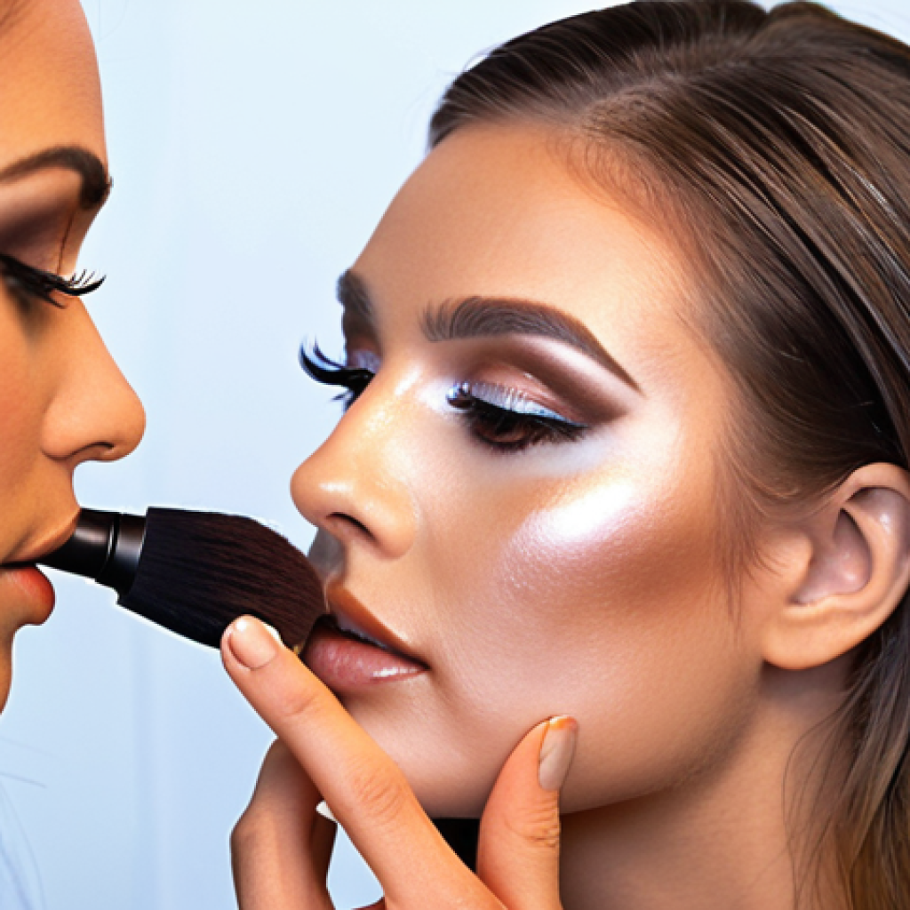 **

Prompt: Close-up portrait of a makeup artist applying airbrush makeup to a model's face, creating a flawless, ethereal glow. Focus on the precision and artistry of the technique.

**