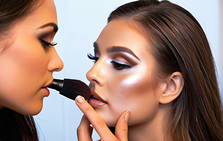 **
Prompt: Close-up portrait of a makeup artist applying airbrush makeup to a model's face, creating a flawless, ethereal glow. Focus on the precision and artistry of the technique.
**